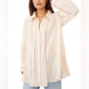 FREE PEOPLE Mikaela Pink Long Sleeve Button-Down Embroidered Tunic Blouse Top